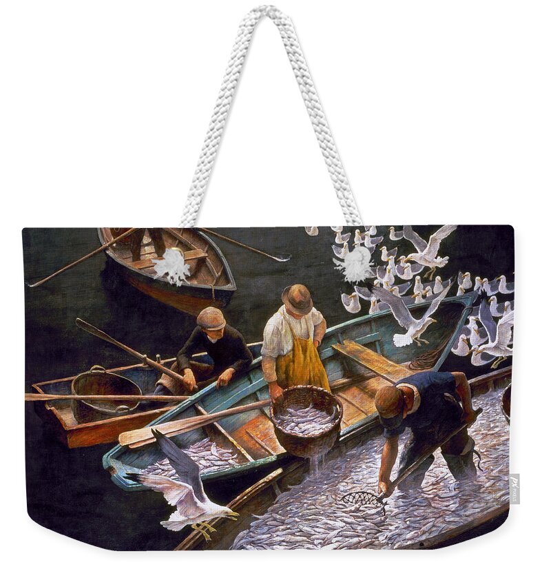 1943 Weekender Tote Bag featuring the painting Dark Harbor Fishermen, 1943 by Newell Convers Wyeth