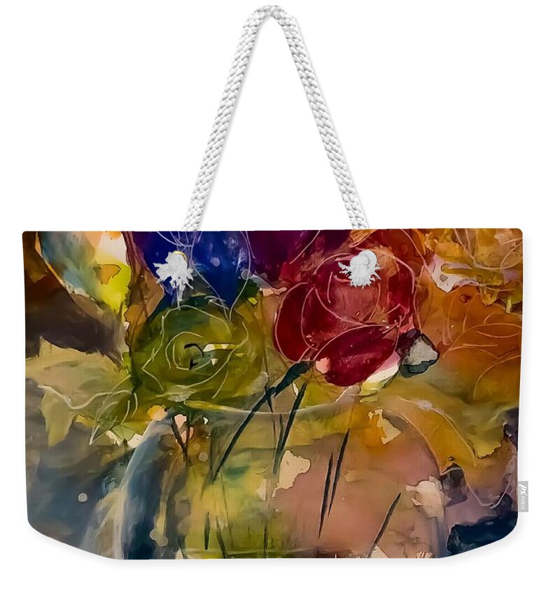Dark Weekender Tote Bag featuring the painting Dark Vase With Flowers by Lisa Kaiser
