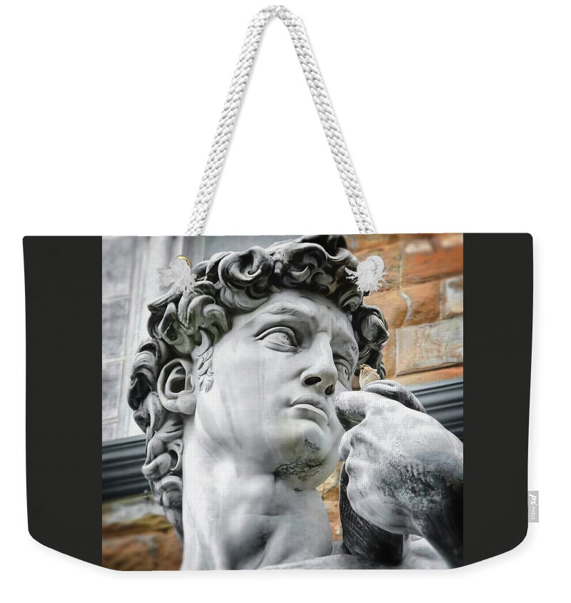David Weekender Tote Bag featuring the photograph David by Michelangelo Florence Italy Face Detail   by Carol Japp