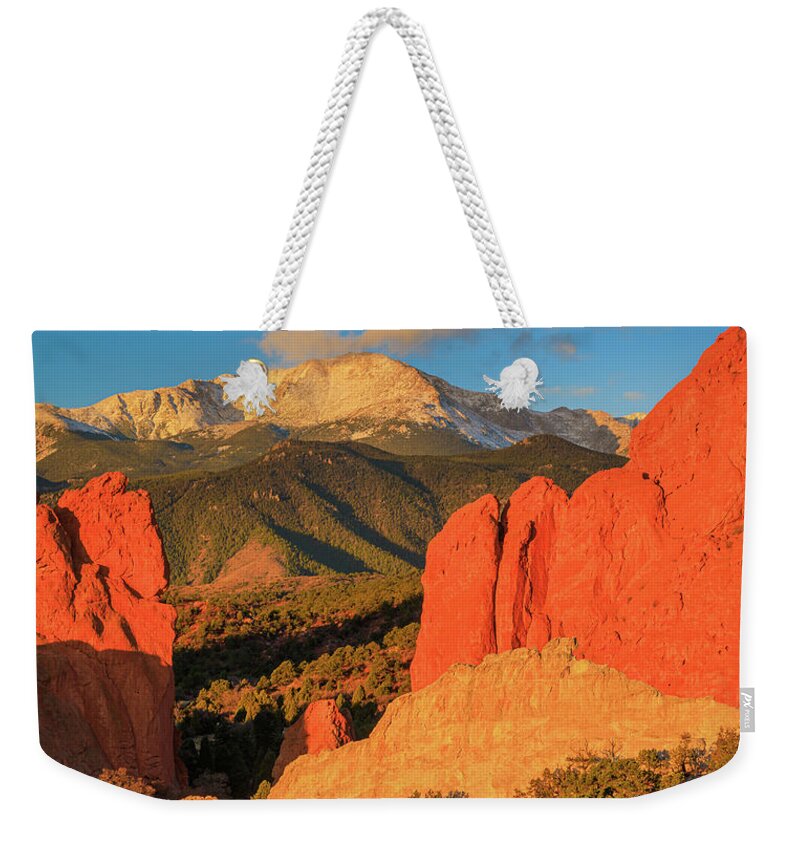 America Weekender Tote Bag featuring the photograph Dawn in Garden of the Gods by Inge Johnsson