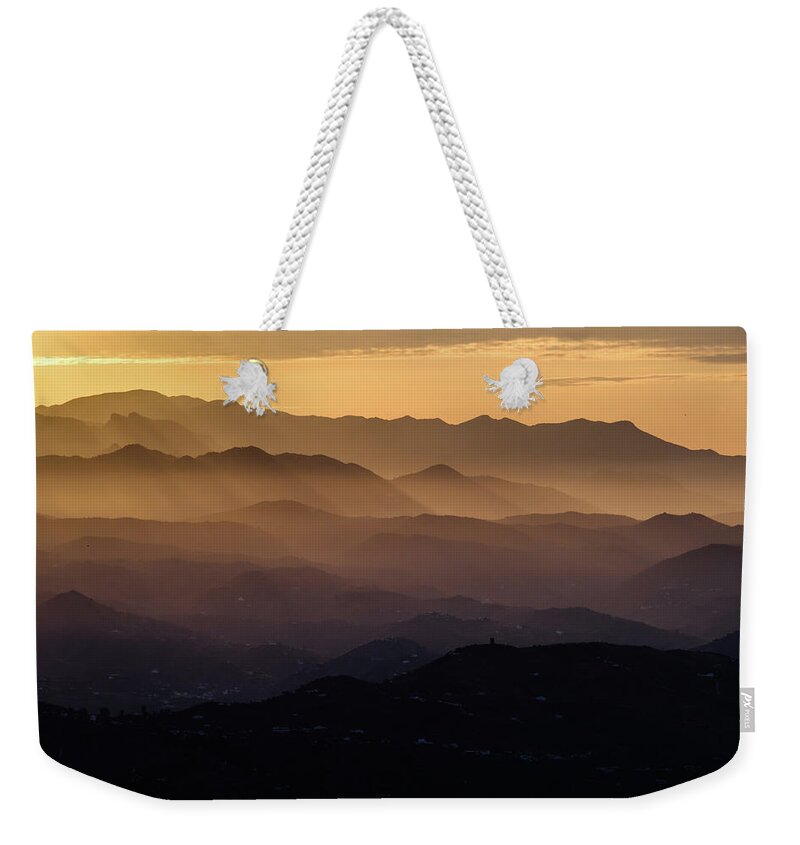 Almijara And Alhama Weekender Tote Bag featuring the photograph Dawn in the Sierra Tejeda mountains by Gary Browne