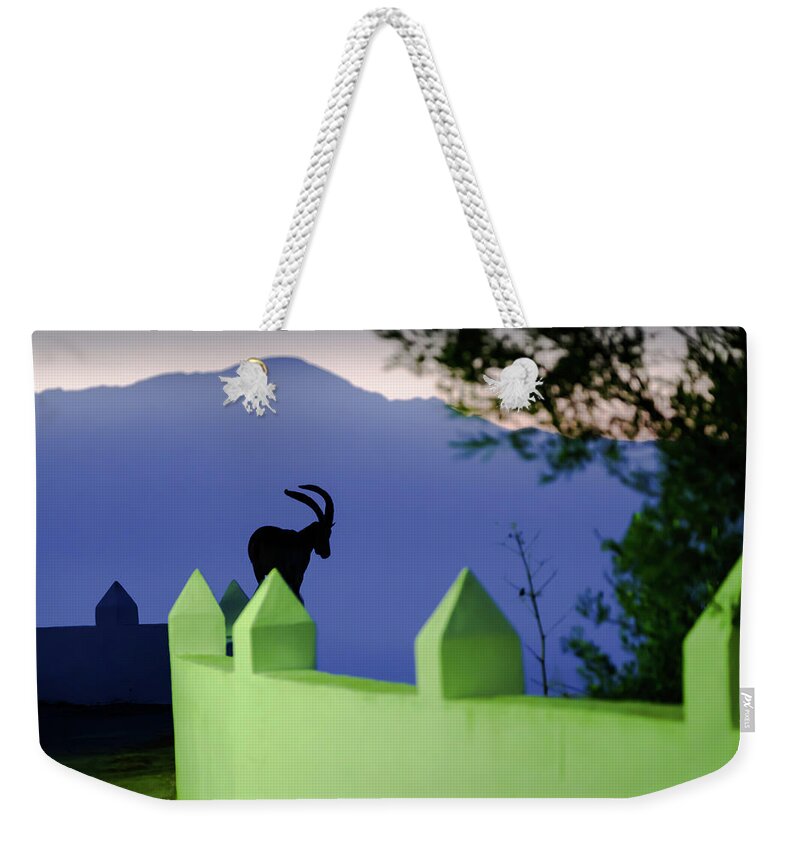 Ibex Weekender Tote Bag featuring the photograph Dawn patrol on the Moorish watchtower by Gary Browne