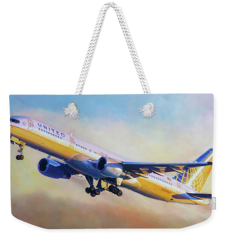 Airlines Weekender Tote Bag featuring the painting Dawn Take Off by Douglas Castleman