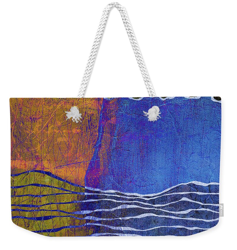 Sunset Over The Ocean Weekender Tote Bag featuring the digital art DAY INTO NIGHT Abstract Orange and Blue by Lynnie Lang