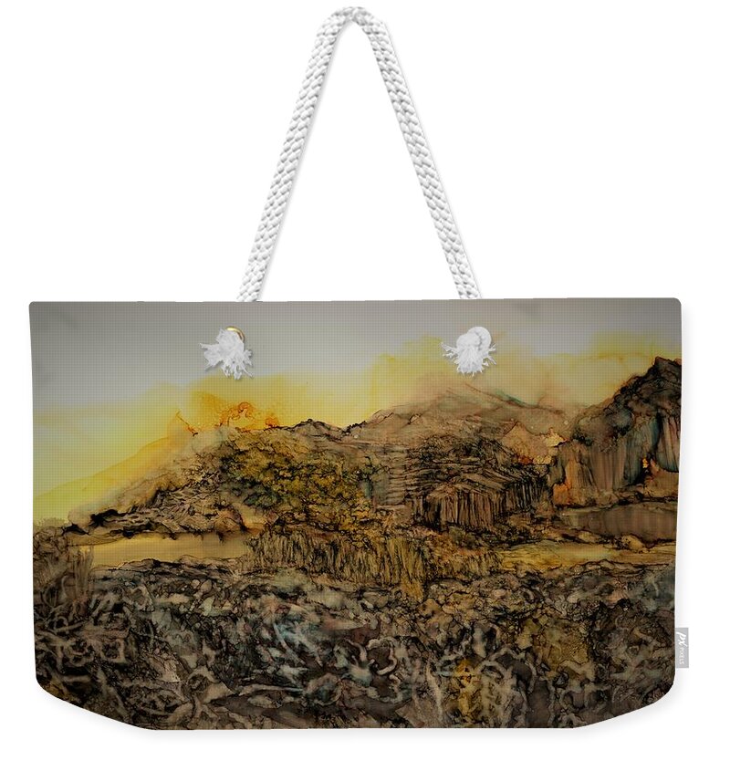 Reflection Weekender Tote Bag featuring the painting Daybreak at the Old Mill by Angela Marinari