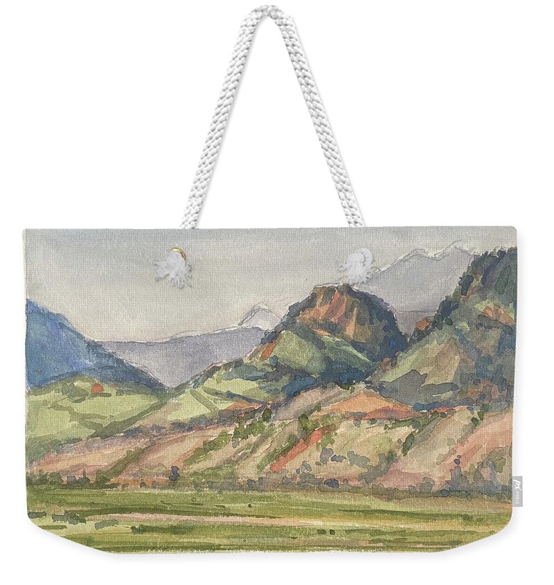 Plein Air On The Yellowstone Weekender Tote Bag featuring the painting Deaf Jim Knob and Electric Paek by Les Herman