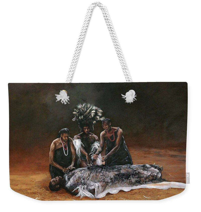 African Art Weekender Tote Bag featuring the painting Death of Nandi by Ronnie Moyo