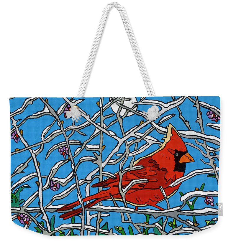 Cardinal December Weekender Tote Bag featuring the painting December Perch by Mike Stanko