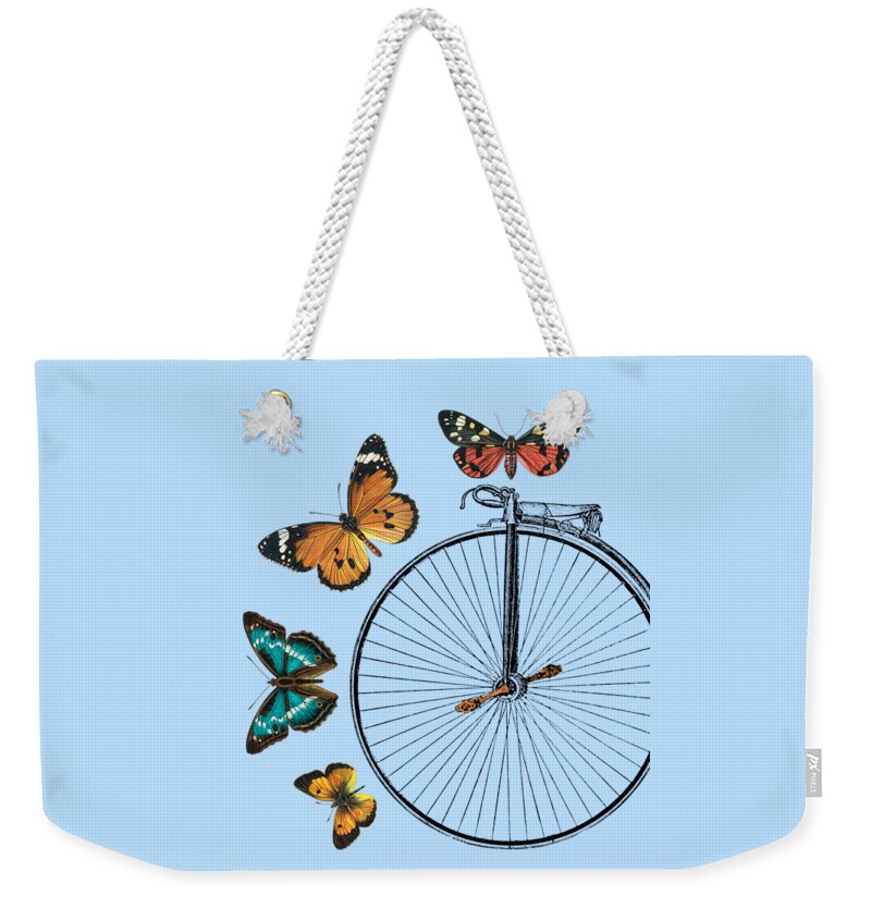 Butterfly Weekender Tote Bag featuring the mixed media Decorative Bike Wheel And Butterflies by Madame Memento