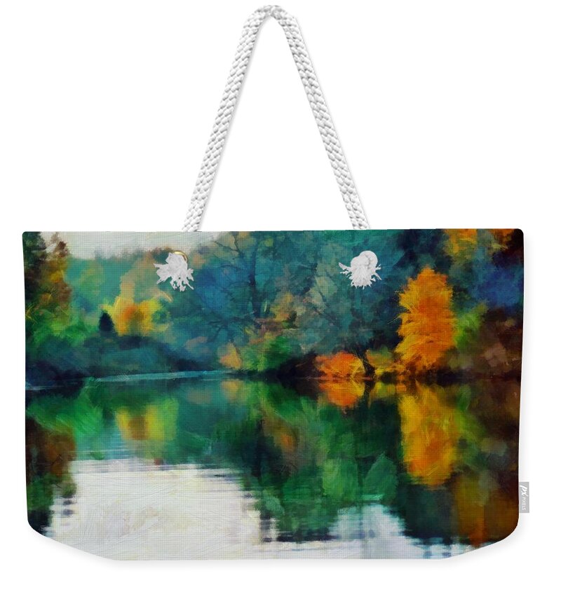 Lake Weekender Tote Bag featuring the mixed media Deep Fall on the Lake by Christopher Reed
