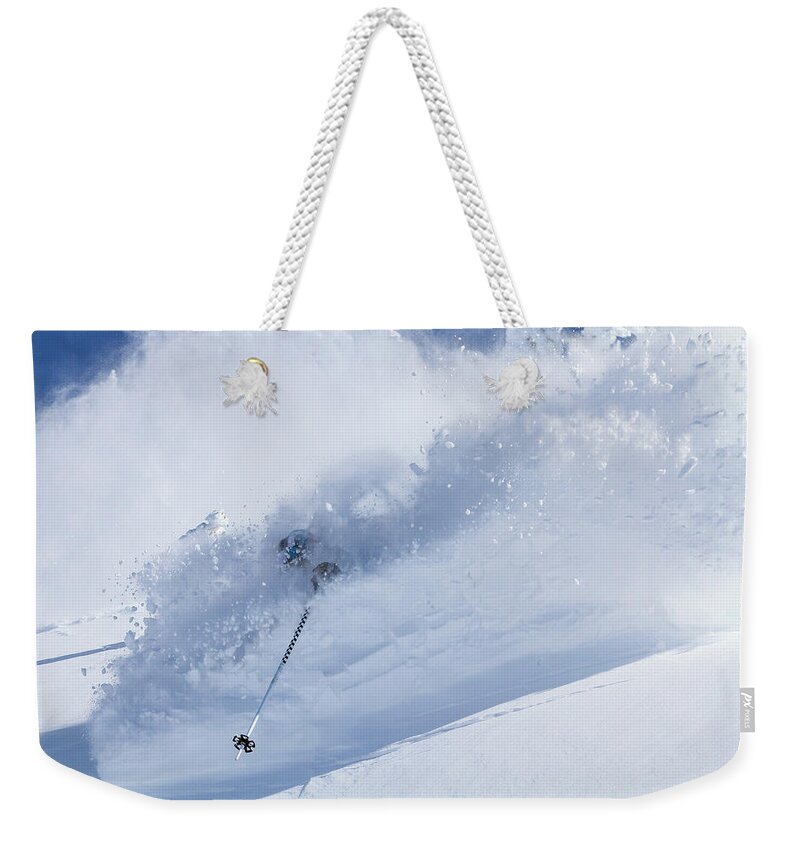 Utah Weekender Tote Bag featuring the photograph Deep Powder Skier - Snowbird, Utah - IMG_5472e by Brett Pelletier