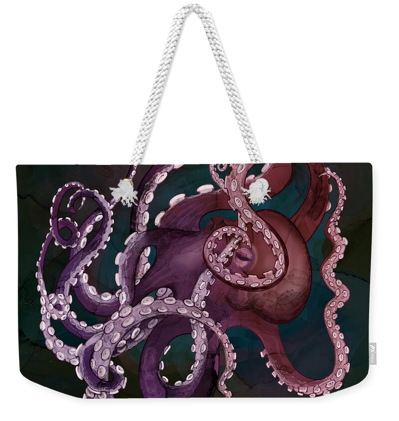 Deep Ocean Weekender Tote Bag featuring the digital art Deep Sea Purple Octopus by Andreea Dumez