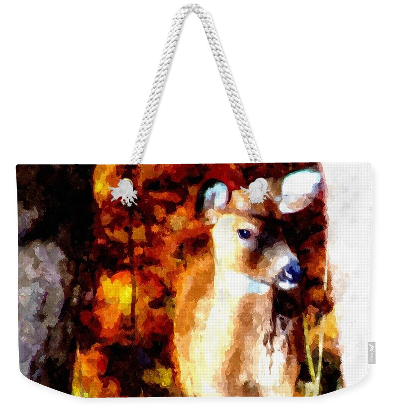 Deer Weekender Tote Bag featuring the mixed media Deer in the Woods by Christopher Reed
