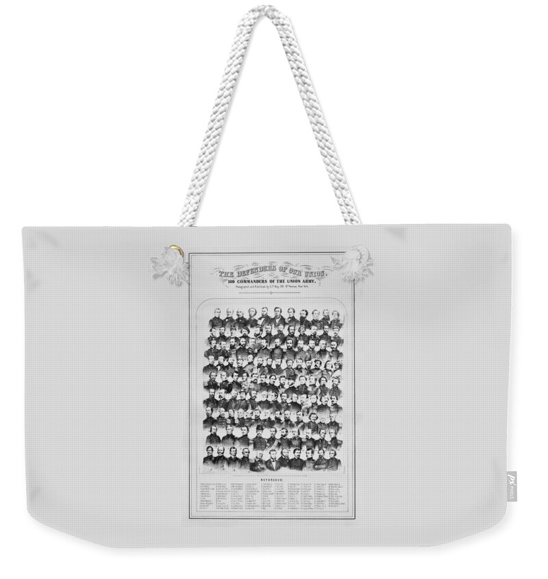 Abraham Lincoln Weekender Tote Bag featuring the mixed media Defenders of Our Union - 109 Commanders of the Union Army - Civil War by War Is Hell Store