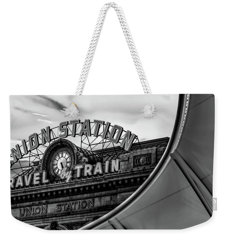 Denver Colorado Weekender Tote Bag featuring the photograph Denver Colorado Union Station Panorama in Black and White by Gregory Ballos