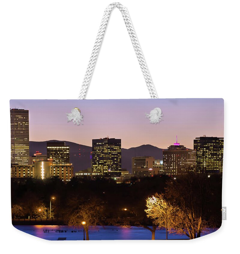 Denver Skyline Weekender Tote Bag featuring the photograph Denver Rocky Mountain Morning Skyline Panorama by Gregory Ballos