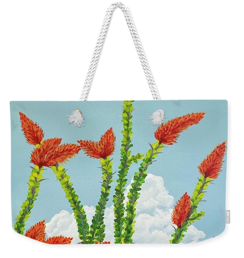 Red Weekender Tote Bag featuring the painting Desert Blooms-Dancing Reds by Renee Noel