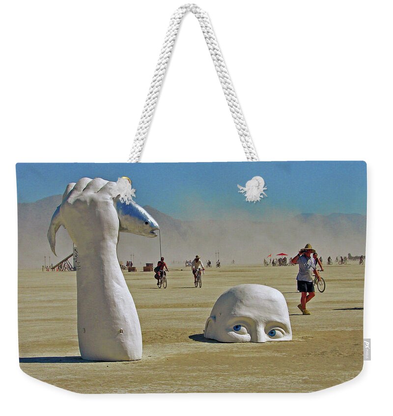 Burningman Weekender Tote Bag featuring the photograph Desert Fishing by Carl Moore