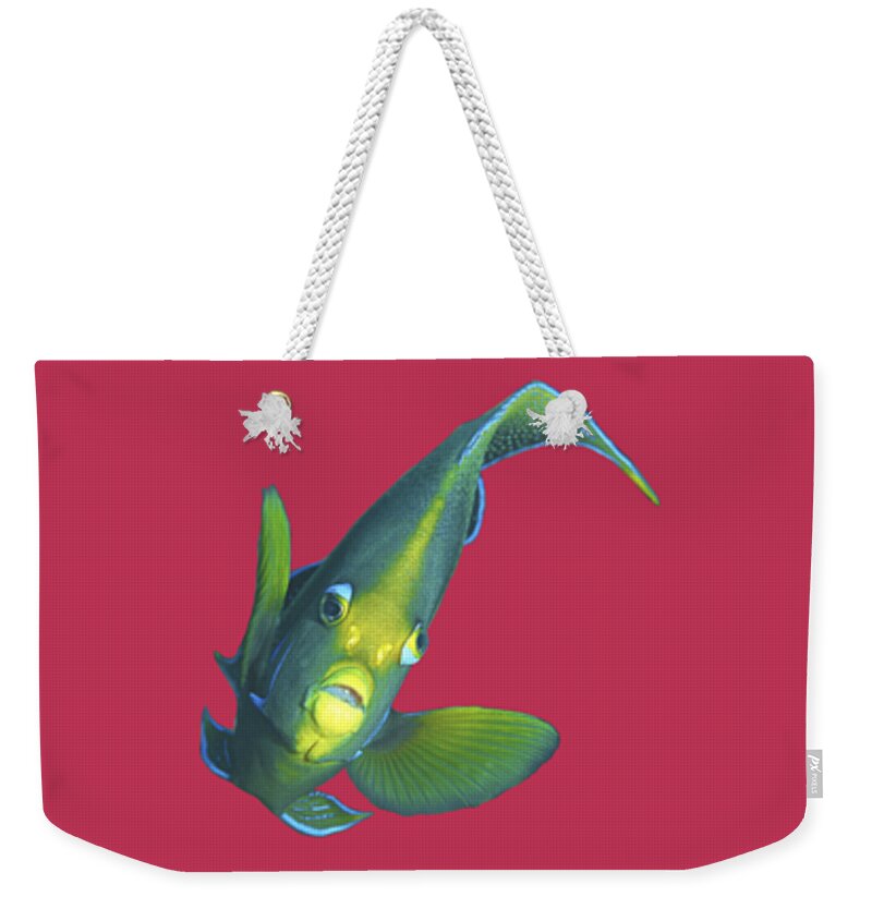 Angelfish Weekender Tote Bag featuring the mixed media Design Angelfish in motion - Close and intense - Black Background - by Ute Niemann