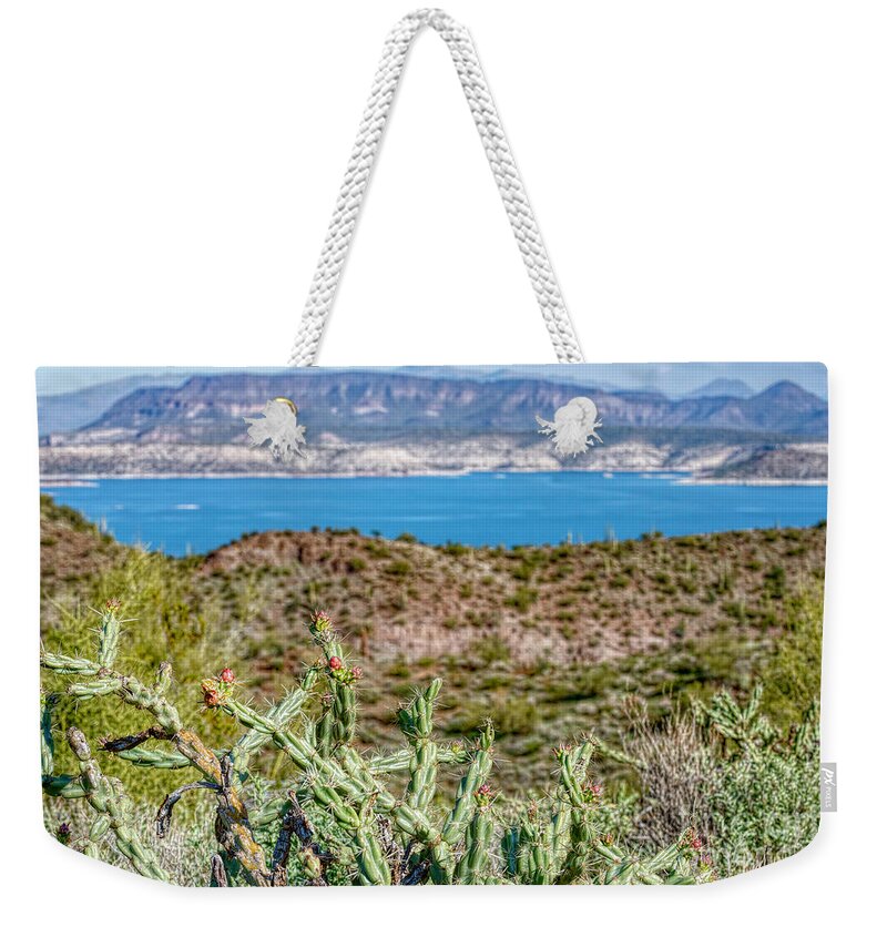 Desert Weekender Tote Bag featuring the photograph Dessert Lake View by Pamela Dunn-Parrish