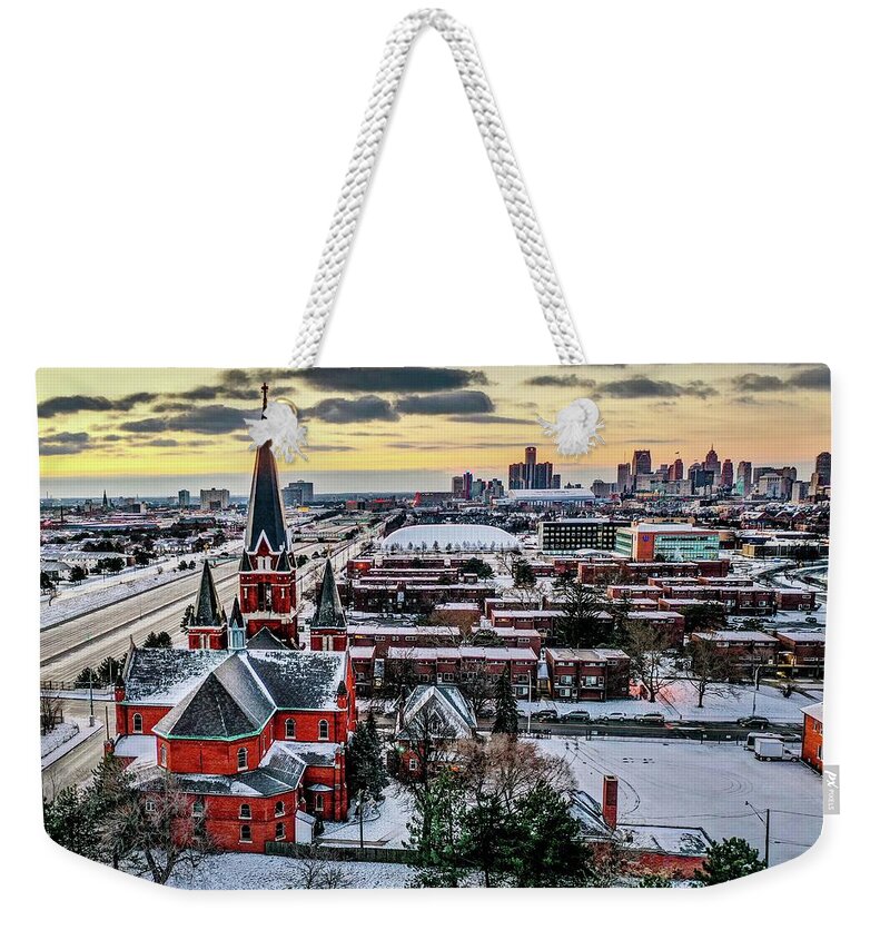 Detroit Weekender Tote Bag featuring the photograph Detroit Church and RenCen DJI_0721 by Michael Thomas