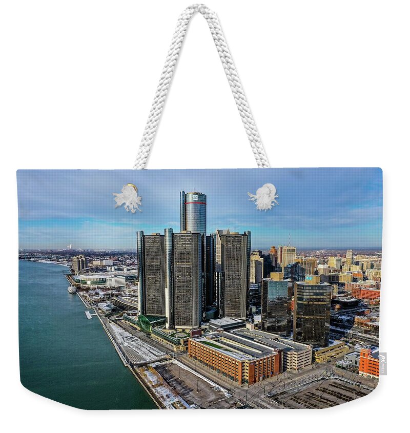 Detroit Weekender Tote Bag featuring the photograph Detroit Ren Cen DJI_0475 by Michael Thomas