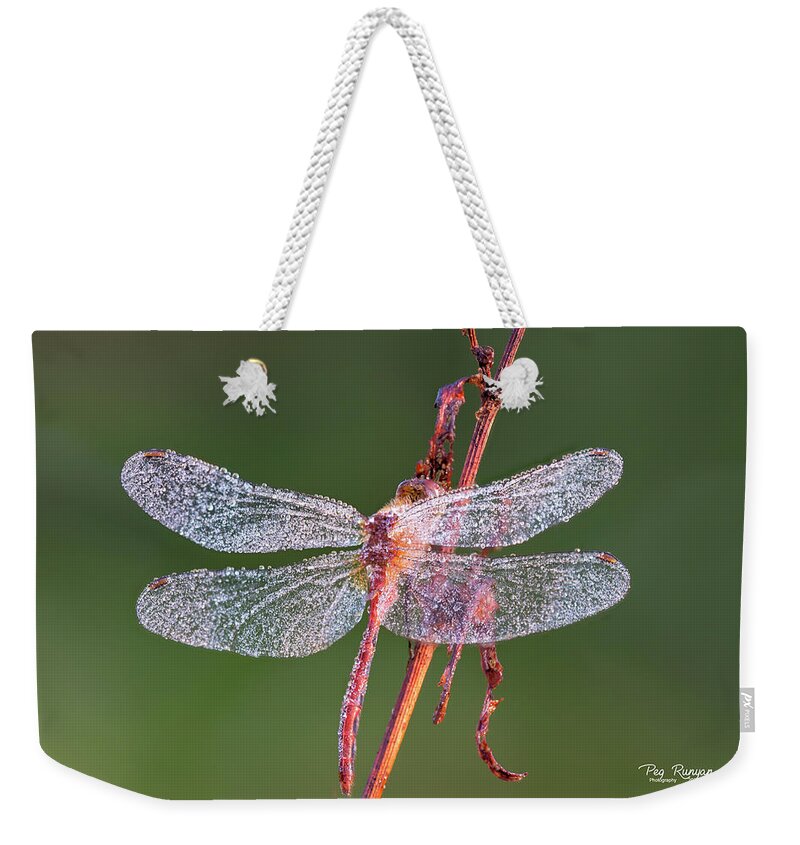 Dragonfly Weekender Tote Bag featuring the photograph Dew on the Wings by Peg Runyan