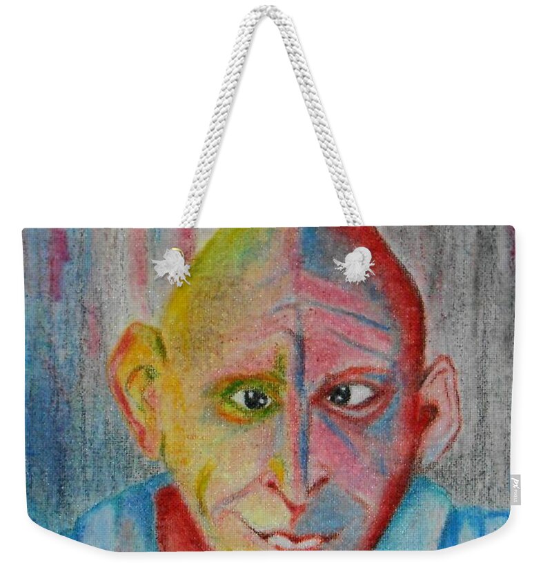 Microcephaly Weekender Tote Bag featuring the drawing Diamond in the Rough -- Whimsical Portrait of Developmentally Disabled Man by Jayne Somogy