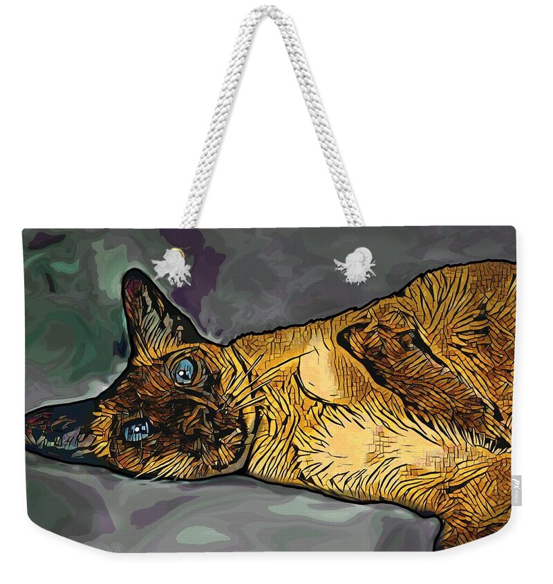 Cat Weekender Tote Bag featuring the mixed media Digital Siamese Cat art 677 by Lucie Dumas