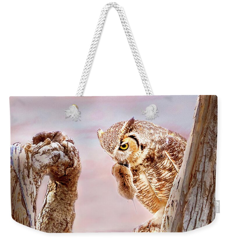 Great Horned Owl Weekender Tote Bag featuring the photograph Dinner for the Great Horned Owl Family by Judi Dressler