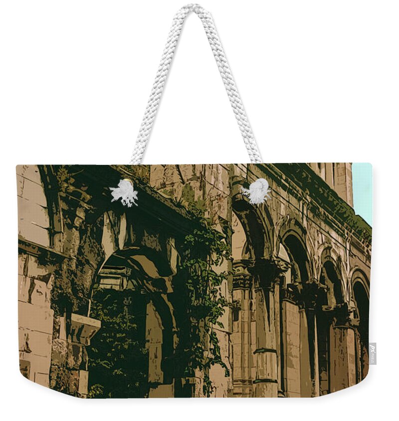 Split Weekender Tote Bag featuring the photograph Diocletian Palace Ruins and Cathedral Tower 4 by Bob Phillips