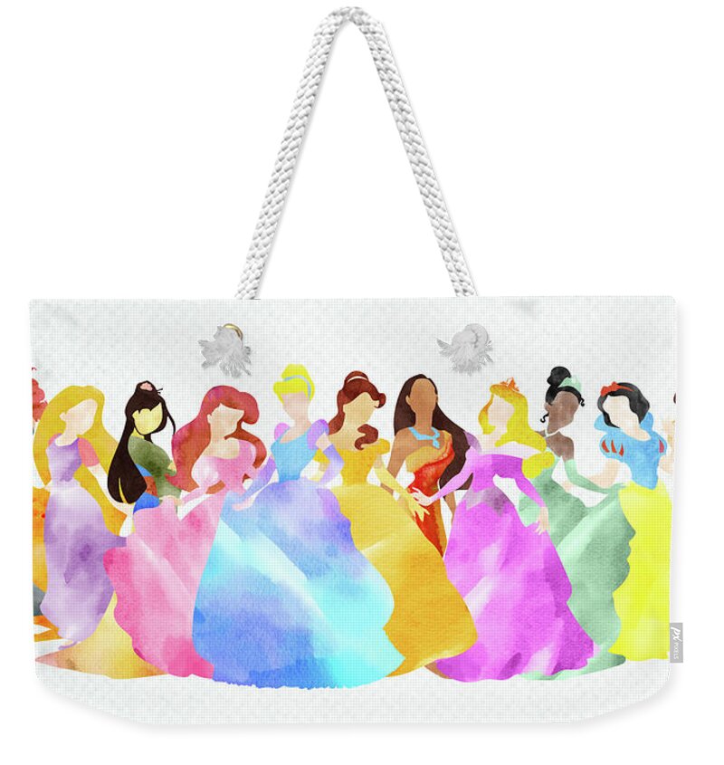 Princesses Weekender Tote Bag featuring the digital art Disney princesses colorful watercolor by Mihaela Pater