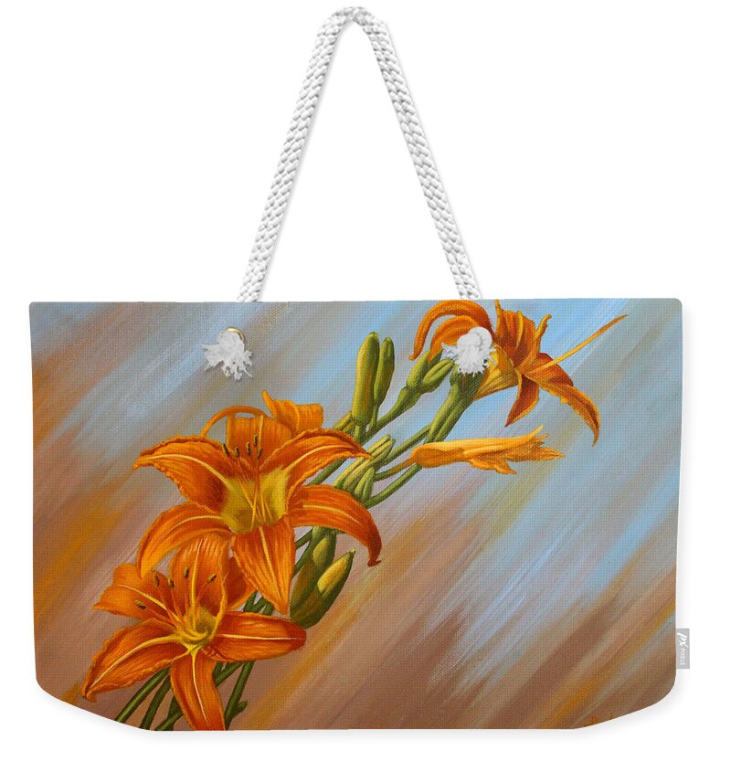 Blue Weekender Tote Bag featuring the painting Day Lillies by Adrienne Dye