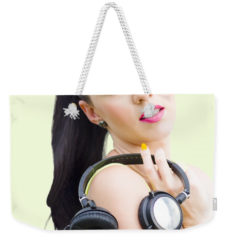 Dj Weekender Tote Bag featuring the photograph DJ Girl by Jorgo Photography