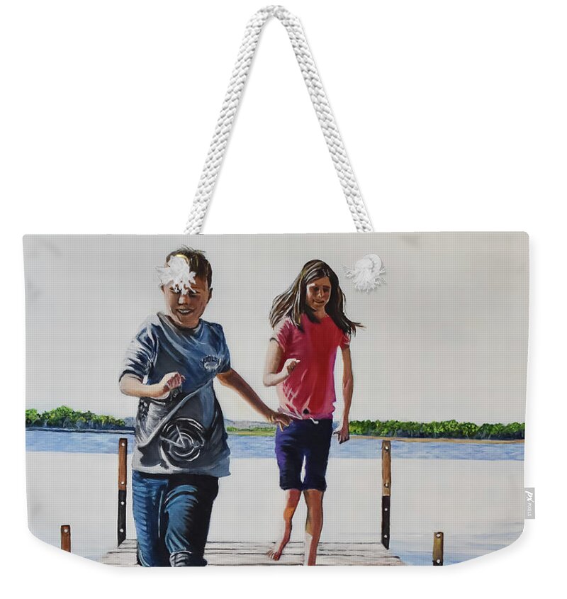 Noble Lake Weekender Tote Bag featuring the painting Dock Days by Marilyn McNish