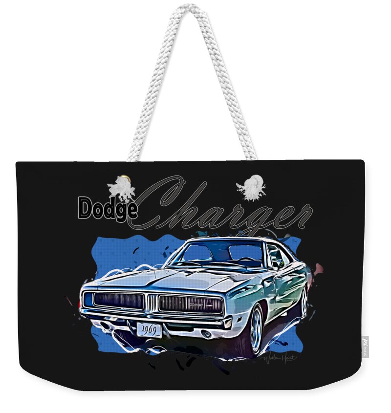 Dodge Weekender Tote Bag featuring the digital art Dodge Charger American Muscle Car by Walter Herrit