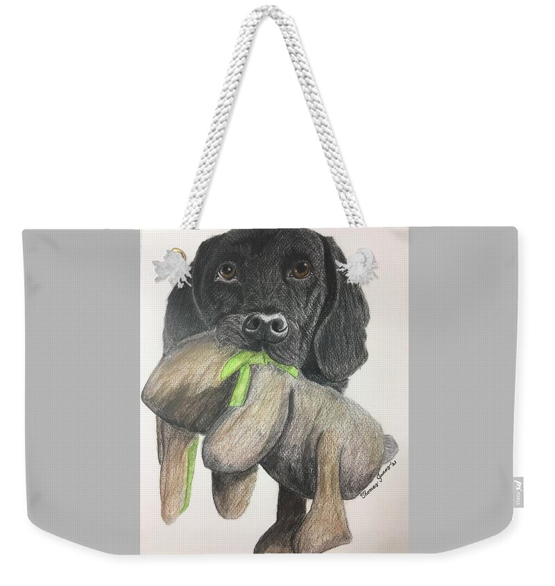 Dog Weekender Tote Bag featuring the drawing Dog and Toy by Thomas Janos