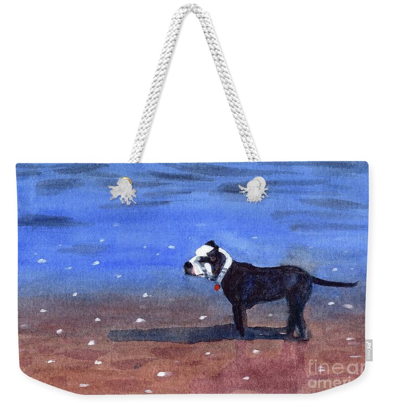 Dog Weekender Tote Bag featuring the painting Dog on a Beach by Vicki B Littell