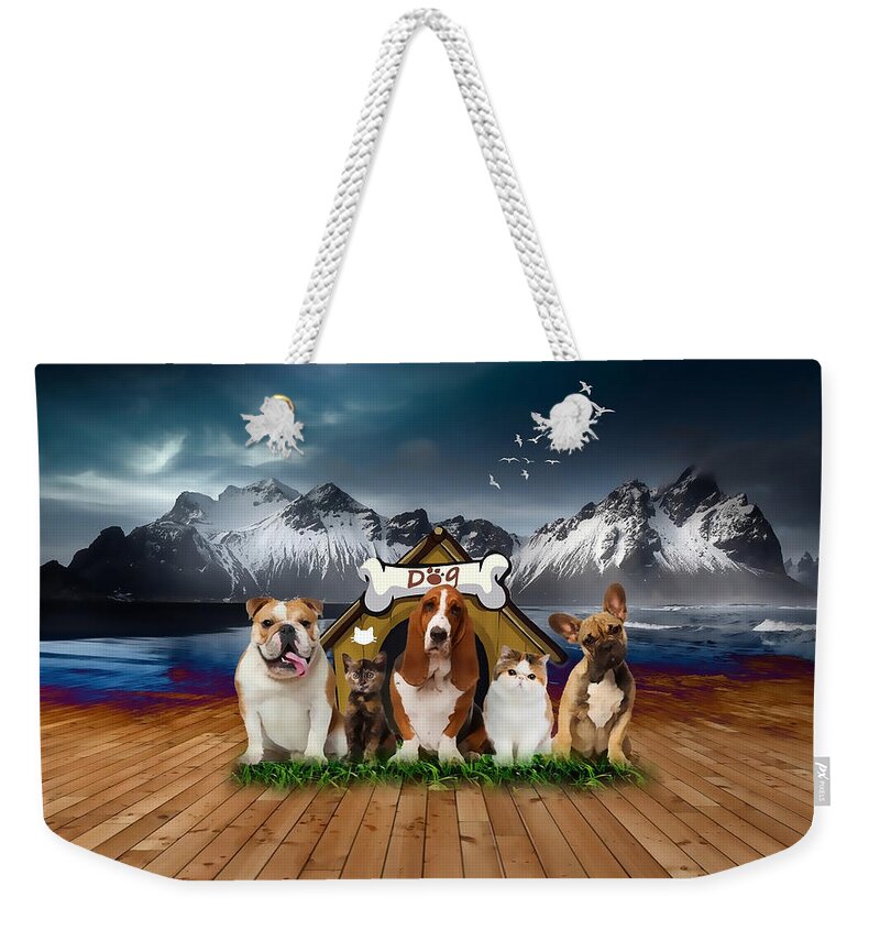 Dog Weekender Tote Bag featuring the mixed media Dogs And Cats by Marvin Blaine