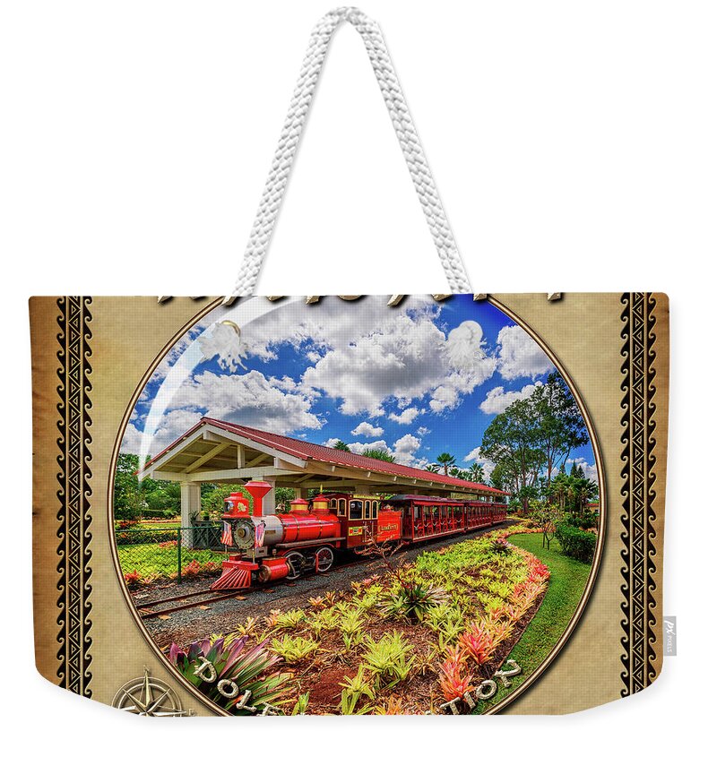 Dole Plantation Train Weekender Tote Bag featuring the photograph Dole Plantation Train Sphere Image with Hawaiian Style Border by Aloha Art
