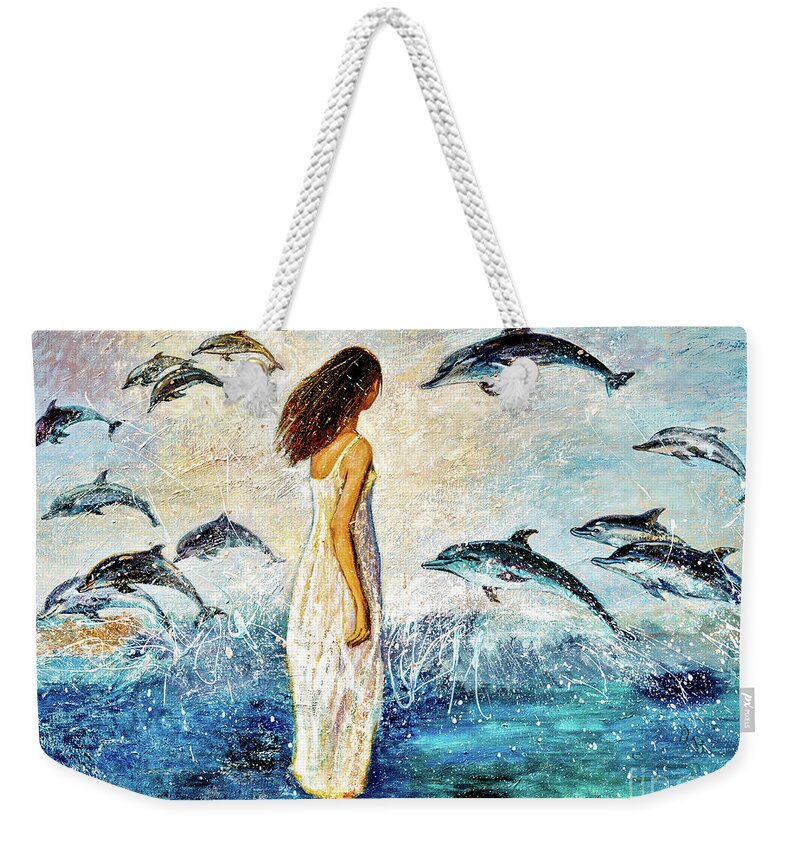 Dolphin Weekender Tote Bag featuring the painting Dolphin Bay by Shijun Munns