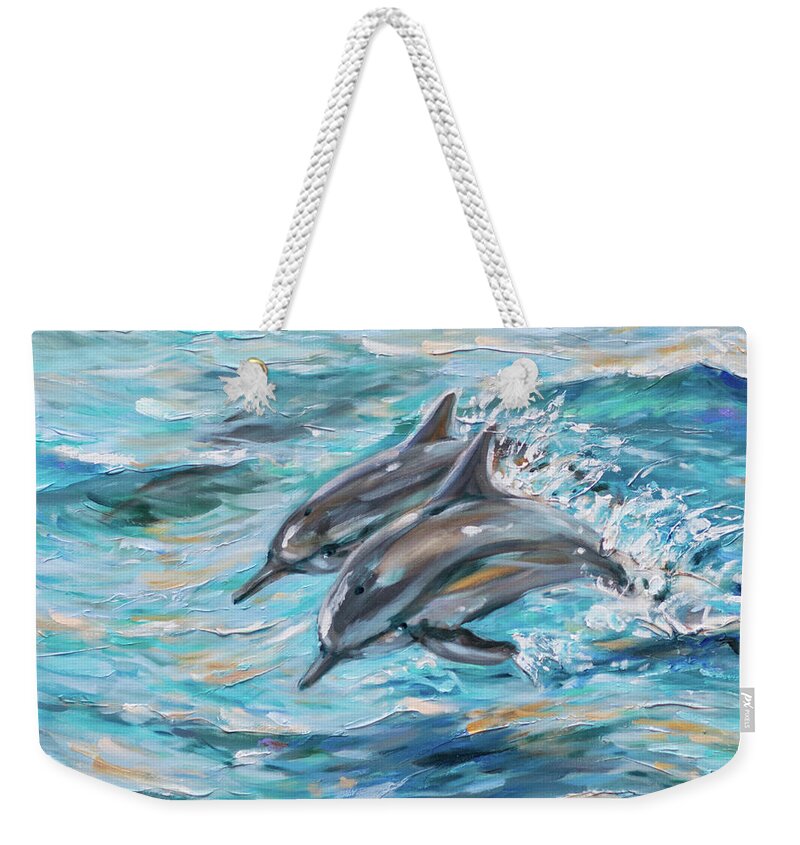 Ocean Weekender Tote Bag featuring the painting Dolphins Jumping by Linda Olsen