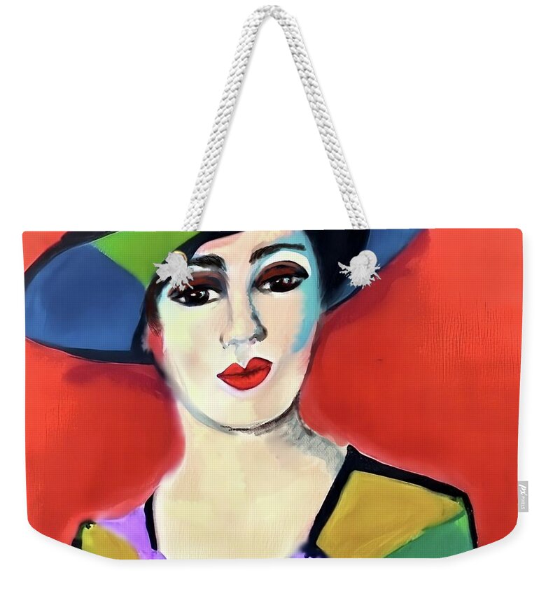 Contemporary Art Weekender Tote Bag featuring the digital art Donna with Hat by Stacey Mayer