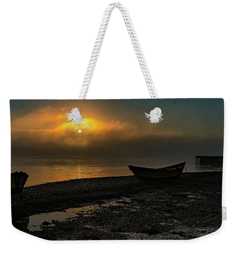 Dories Weekender Tote Bag featuring the photograph Dories Beached in Lifting Fog by Marty Saccone