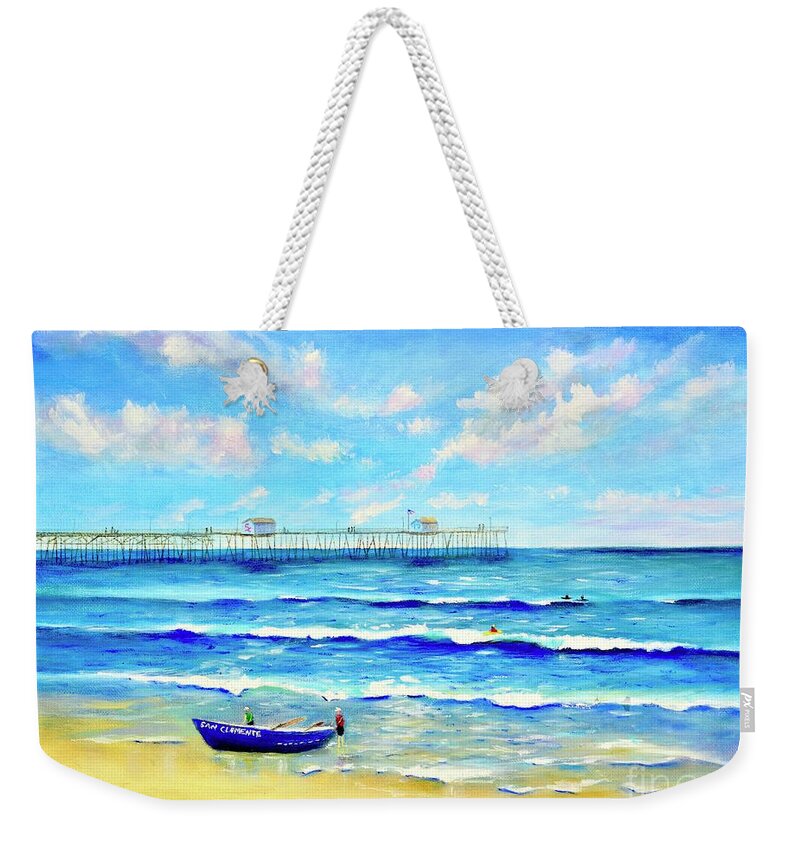 Dory Weekender Tote Bag featuring the painting Dory Boat San Clemente by Mary Scott