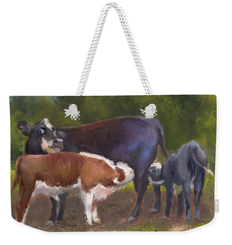 Two Calves Nursing On A Cow Weekender Tote Bag featuring the painting Double Dairy Delight by Terri Meyer