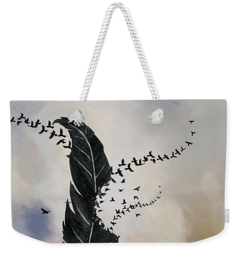 Corvid Weekender Tote Bag featuring the digital art Feather Crows by Jim Hatch
