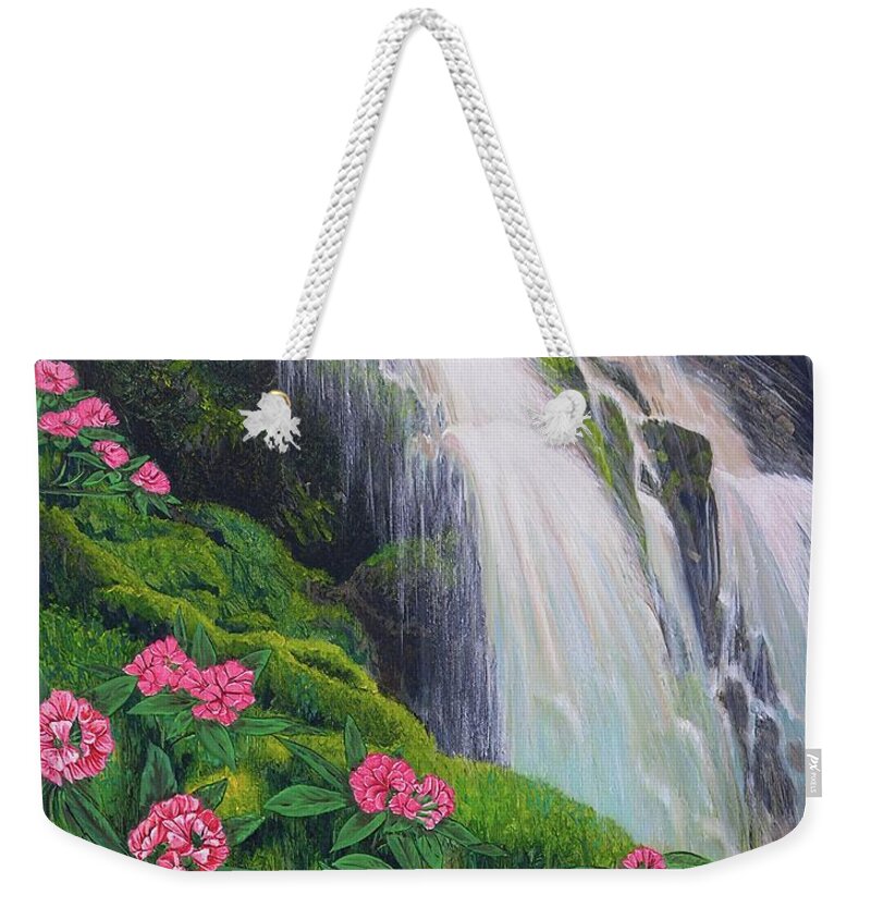 Waterfall Weekender Tote Bag featuring the painting Double Hawaii Waterfall by Mary Deal