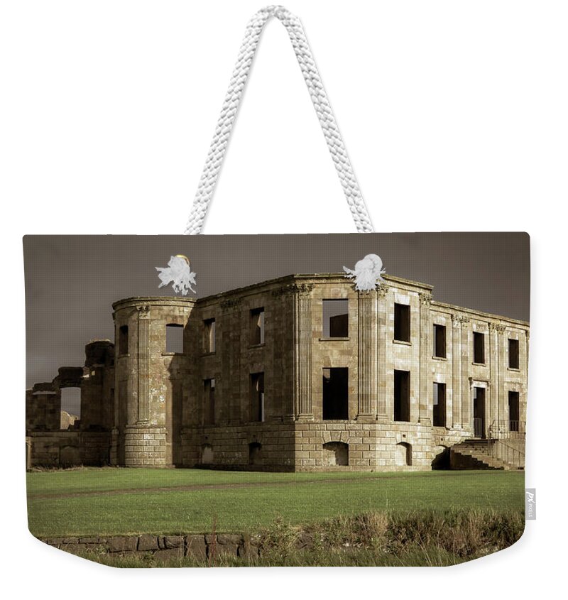 Downhillhouse Weekender Tote Bag featuring the photograph Downhill Demesne Antiqued Image by Vicky Edgerly