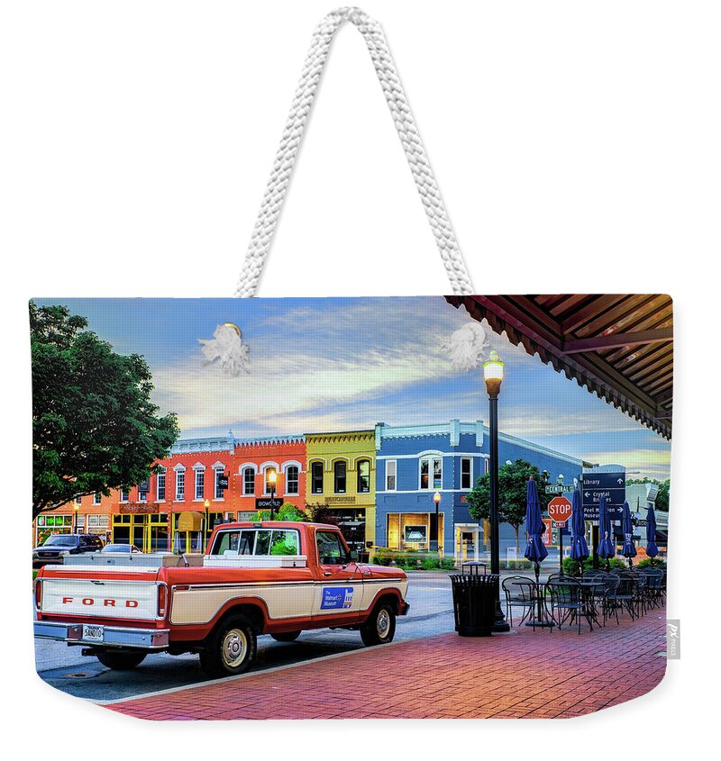Bentonville Wall Art Weekender Tote Bag featuring the photograph Downtown Bentonville Arkansas And Historic Old Truck by Gregory Ballos